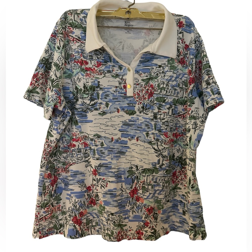 Kim Rogers Red Floral Collarded Top XL Gold Button Decor